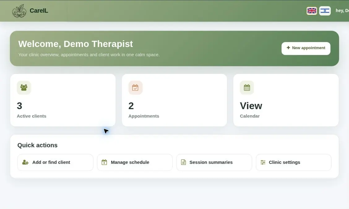 CareIL clinic dashboard showing clients, appointments and quick actions